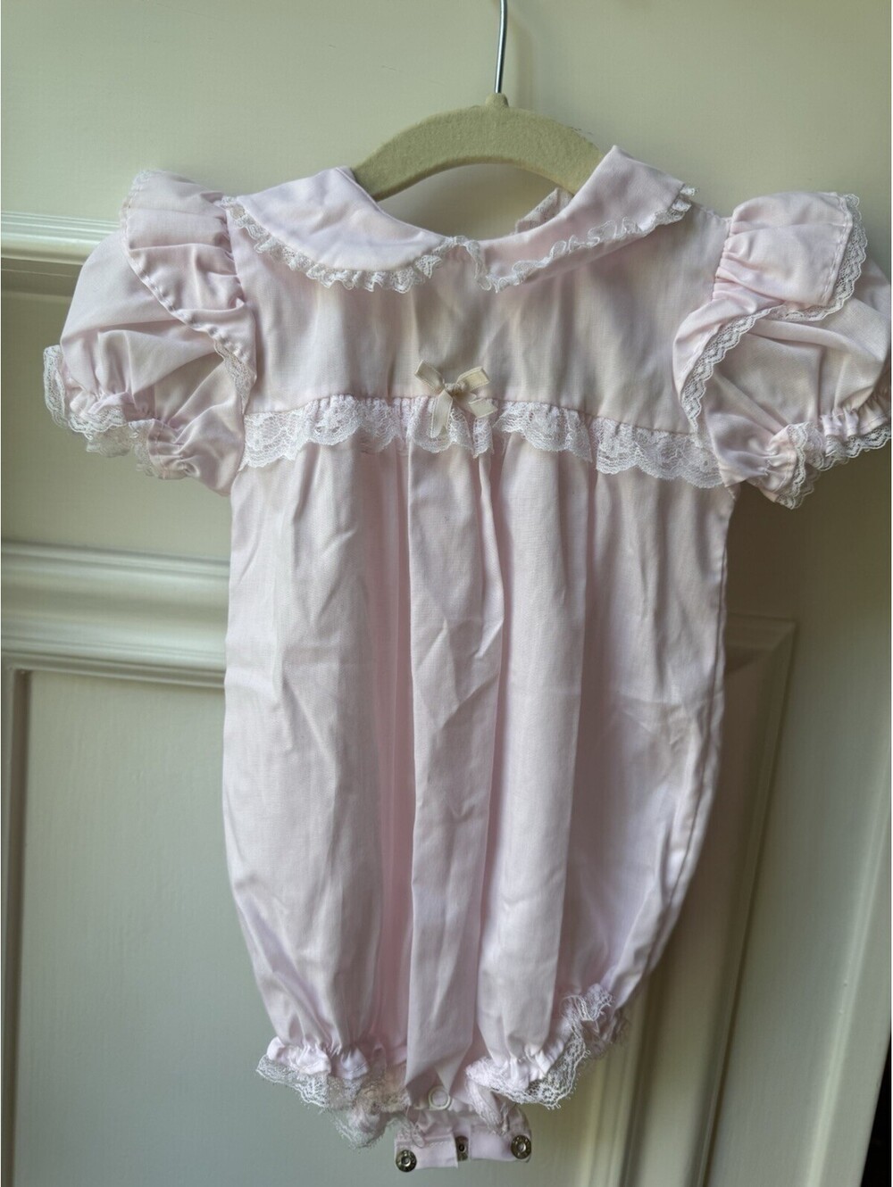 Vintage Alexis Pink Baby Girl Bubble Romper 9 Months Lace Peter Pan Collar USA